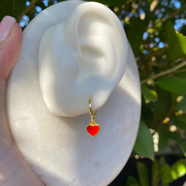 Gold red heart earrings